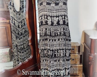 Fab Boho Vintage 90s BILA Summer Dress - Black and Ivory Boho Ethnic Print- Crinkle Rayon - Size M/L - Roomy Pockets