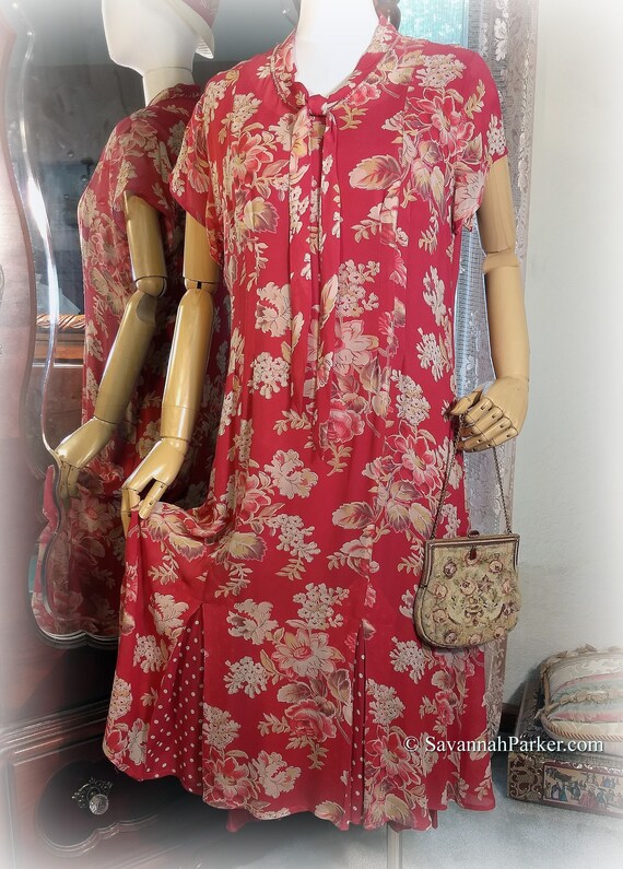 Wonderful Gatsby 1920s style Vintage April Cornell 2 pc Dress & Slip - Red Floral Chiffon - 90s does 20s Tea Dress - Gatsby Summer Afternoon