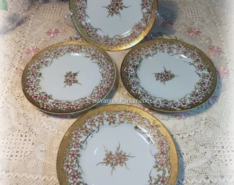 4 Antique Nagoya Nippon Japanese Gold Moriage Pink Appleblossoms China Tea Plates with Heavy Gold, Handpainted, Wedding Gift, Shabby Chic