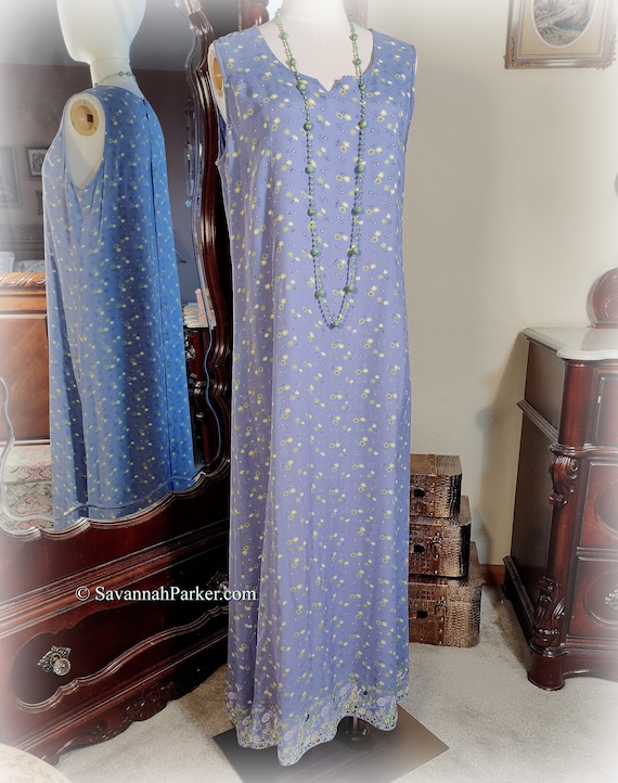 April Cornell Vintage Periwinkle Blue and Green Border Print / 90s Does 20s Dress / Rayon Crepe / Size M/L