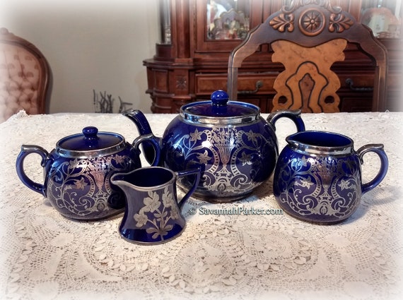 VERY RARE Gorgeous Antique English Intricate Sterling Silver Overlay Cobalt Blue Tea Set, Teapot, Covered Sugar, Creamer + Bonus Creamer