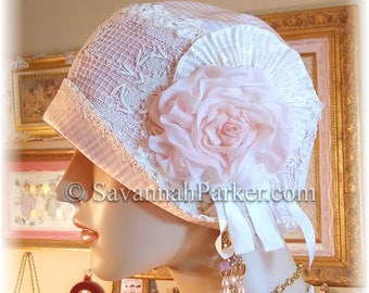 Antique Style 1920s Gatsby Flapper Hat Downton Abbey Silk Summer Cloche Hat - Ready to Ship - SMALL Hat - Ribbonwork - Handmade Silk Flower