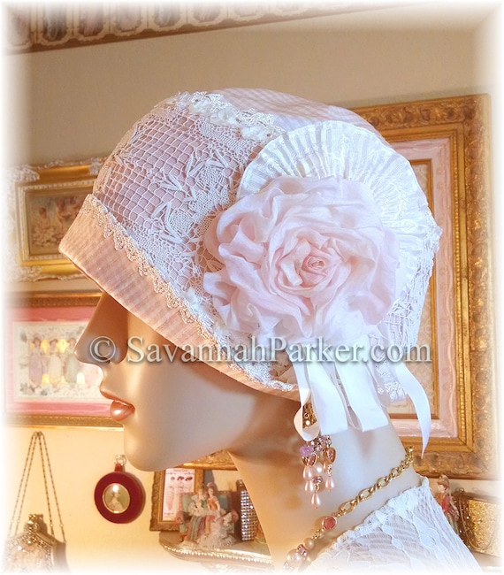 Antique Style 1920s Gatsby Flapper Hat Downton Abbey Silk Summer Cloche Hat - Ready to Ship - SMALL Hat - Ribbonwork - Handmade Silk Flower