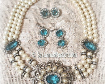 Breathtaking 3 pc Set Vintage 1980's-90's 1928 Jewelry Company - FAB Aquamarine Rhinestones Pearls Decadent Deco Necklace + 2 PR Earrings