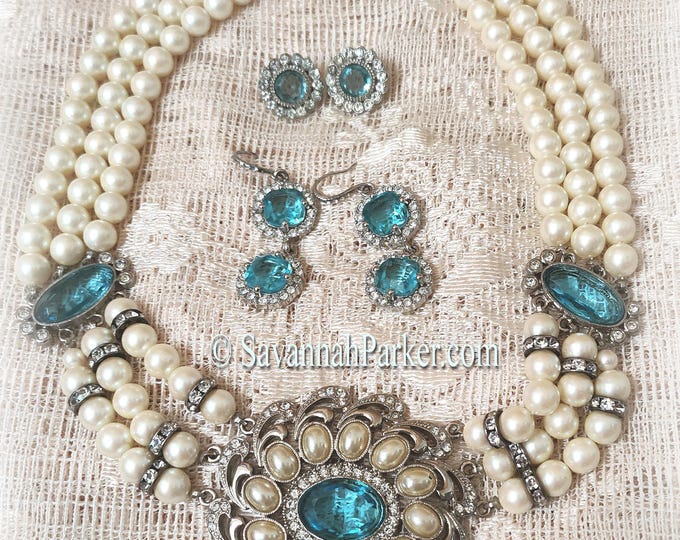 Breathtaking 3 pc Set Vintage 1980's-90's 1928 Jewelry Company - FAB Aquamarine Rhinestones Pearls Decadent Deco Necklace + 2 PR Earrings