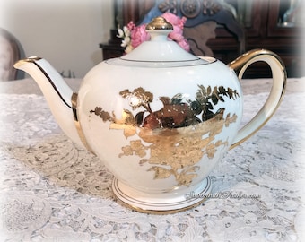 Exquisite Ivory Shimmering Gold Lustre Roses Vintage Sadler England Teapot, Handpainted, Shabby Chic Decor