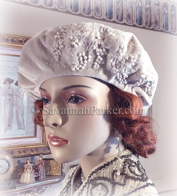 Antique Vintage Velvet With Beads Hat Antique 1800s Victorian Black Purple Velvet Bonnet Hat w  main image 3