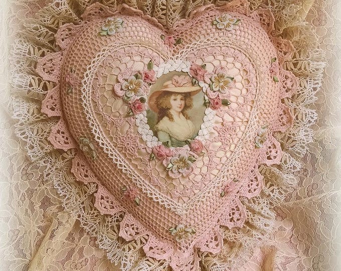 Antique Style Exquisite Romantic Cottage Shabby Chic Pillow - Sweet Blush Pink Crocheted Heart Shape - Antique Laces - MADE TO ORDER