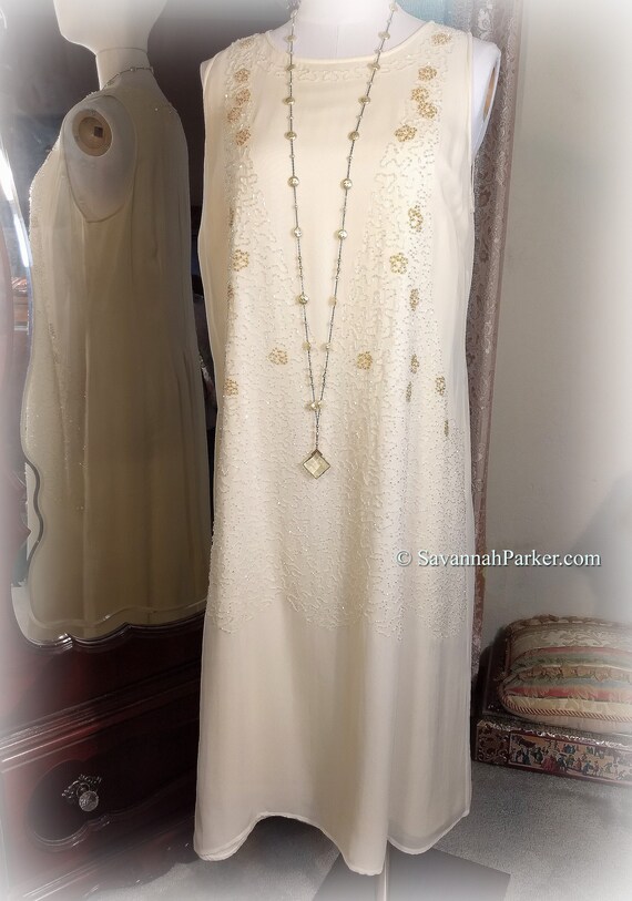 Fabulous Vintage April Cornell - Elegant Ivory Glass Beaded 1920's Style Deco Dress - Summer Wedding or Tea Party - Gatsby Summer Afternoon