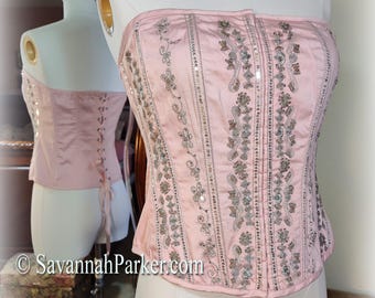 Fabulous Vintage NWT Glamorous Embroidered Beaded Pink and Silver Corset Style Bustier - Lace up Back - Hook and Eye Front