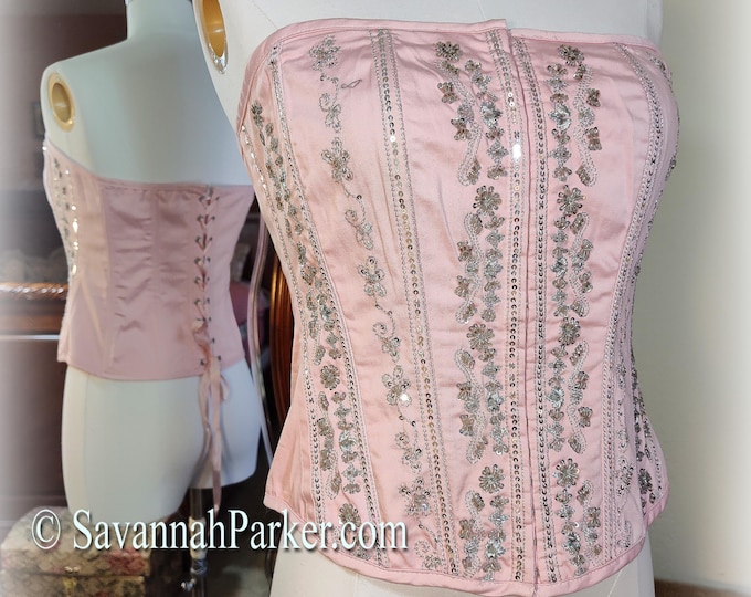 Fabulous Vintage NWT Glamorous Embroidered Beaded Pink and Silver Corset Style Bustier - Lace up Back - Hook and Eye Front