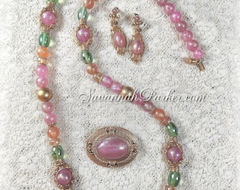 Exquisite 3 pc Set Vintage 1980's-90's 1928 Jewelry Company - Pink and Green Moonglow Victorian Necklace Brooch Earrings - Burnished Gold