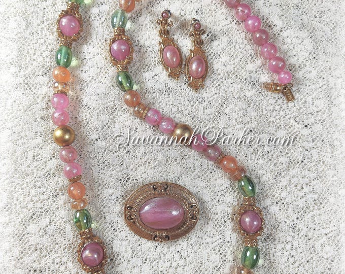 Exquisite 3 pc Set Vintage 1980's-90's 1928 Jewelry Company - Pink and Green Moonglow Victorian Necklace Brooch Earrings - Burnished Gold