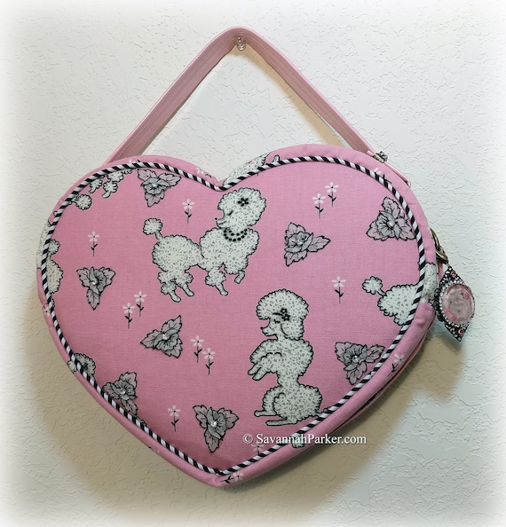 Fabulous Paris Poodles Pink and Black Retro Heart Shaped Purse Handbag, Valentine Shape, Handsewn Binding, Jeweled Detachable Strap, Charms