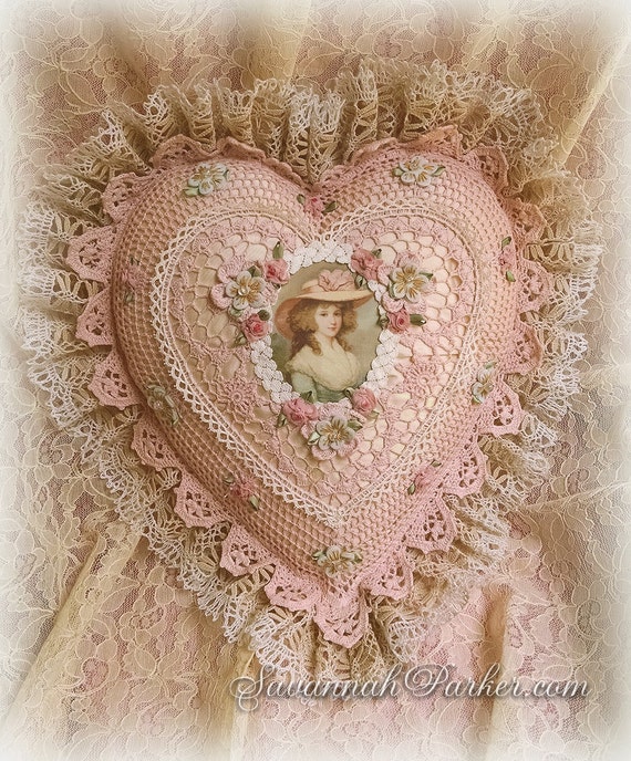 Antique Style Exquisite Romantic Cottage Shabby Chic Pillow - Sweet Blush Pink Crocheted Heart Shape - Antique Laces - Ribbonwork Flowers