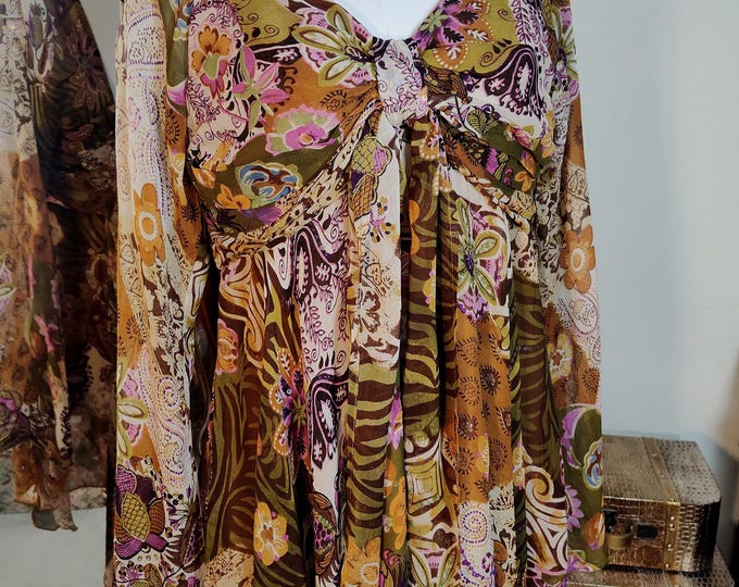 NWOT Vintage Rayon Georgette Gypsy Bohemian Festival Tunic Top - Floaty Handkerchief Hem - Sequin Accents - Smocked Back - Sz M/L