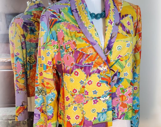 Vivid Rainbow Colors Art To Wear Vintage 90s Designer Sandy Starkman - New with Tag - Appliqued Embroidered Patchwork Bohemian Jacket -- S/M
