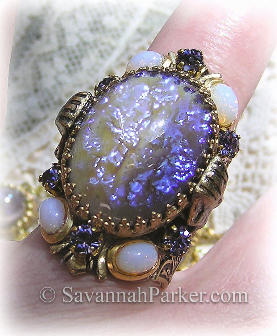 Antique Style Egyptian Revival Art Deco Cleopatra Tanzanite Dragons Breath Ring Violet Fire Art Glass Stones Dragon S Breath Jewelry
