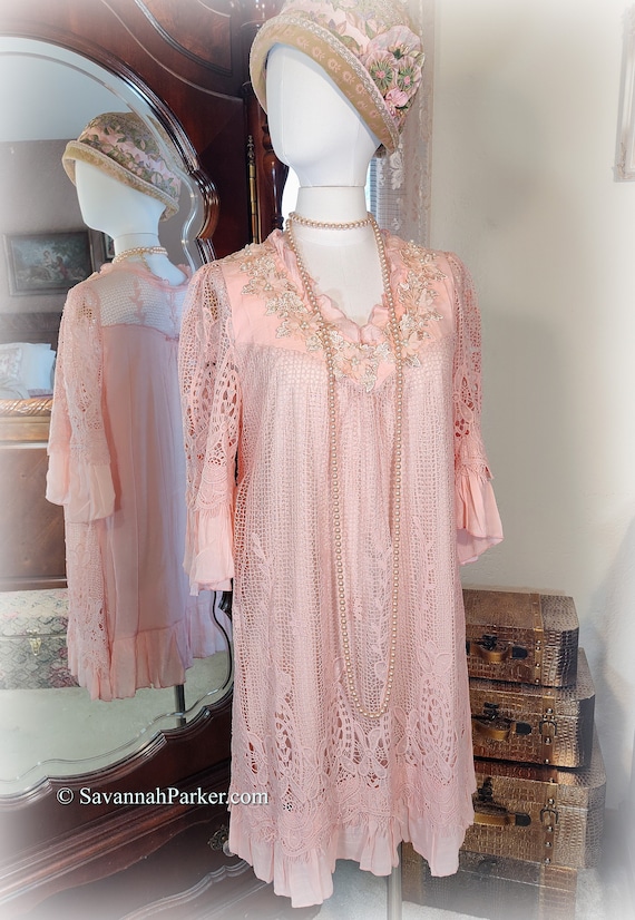 Beautiful New with Tags Pearl-Embroidered Vintage 1920's-Inspired Pink Lace Long Tunic or Mini Dress - Appliqued Lace Flowers - Ruffles