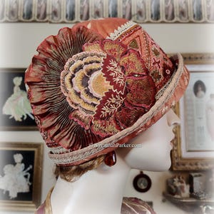 Vintage Style 1920s Autumn Exquisite Antique Silk Hand Embroidery Gatsby Art Deco Flapper Hat - Downton Abbey Cloche Hat - Antique Trims