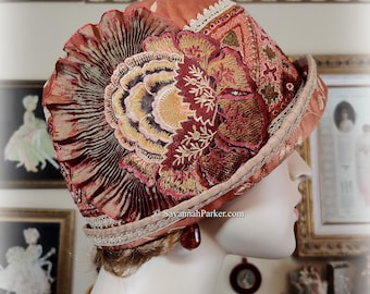 Vintage Style 1920s Autumn Exquisite Antique Silk Hand Embroidery Gatsby Art Deco Flapper Hat - Downton Abbey Cloche Hat - Antique Trims