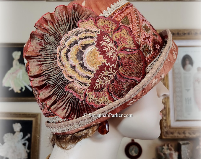 Vintage Style 1920s Autumn Exquisite Antique Silk Hand Embroidery Gatsby Art Deco Flapper Hat - Downton Abbey Cloche Hat - Antique Trims