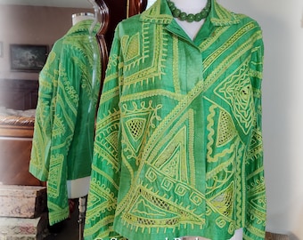 Bohemian Sandy Starkman Soutache Applique Western Jacket, Vintage Green Silk, Size L