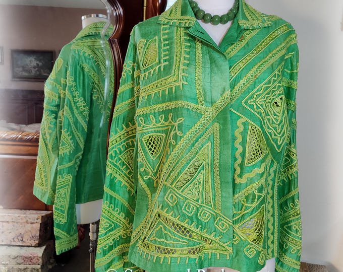 Bohemian Sandy Starkman Soutache Applique Western Jacket, Vintage Green Silk, Size L