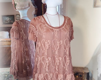 Beautiful Deep Dusty Rose Lace and Sheer Gauze NWOT Top - Vintage 1920's-Inspired Super Feminine - Lace Multi Layered Flared Tunic