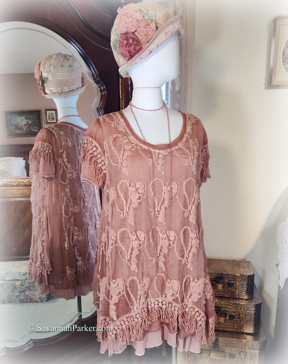 Beautiful Deep Dusty Rose Lace and Sheer Gauze NWOT Top - Vintage 1920's-Inspired Super Feminine - Lace Multi Layered Flared Tunic