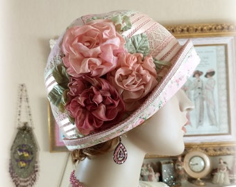 Antique Style 1920s Gatsby Flapper Hat Downton Abbey Peach Coral Green Cloche Hat - Ready to Ship- Antique Lace - Handmade Silk Roses