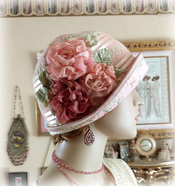 Antique Style 1920s Gatsby Flapper Hat Downton Abbey Peach Coral Green Summer Cloche Hat - Ready to Ship- Antique Lace - Handmade Silk Roses