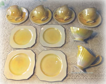 RARE Vintage Royal Winton Grimwades Iridescent Lemon Yellow Lustreware English Tea Set, Four Tea Trios plus Creamer and Sugar