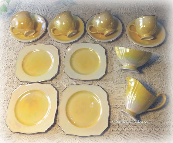 RARE Vintage Royal Winton Grimwades Iridescent Lemon Yellow Lustreware English Tea Set, Four Tea Trios plus Creamer and Sugar