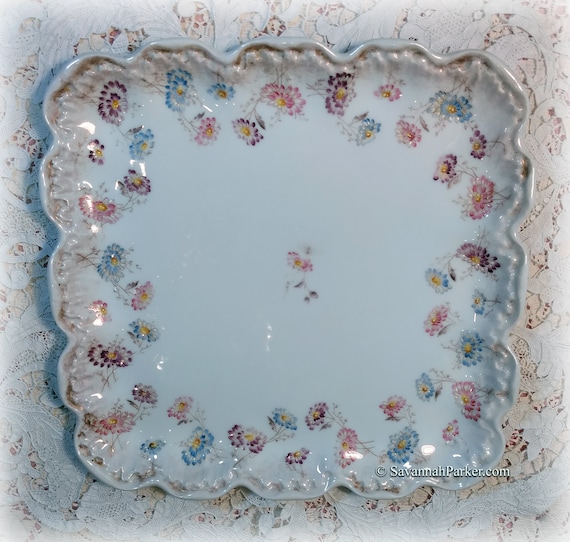 Antique LARGE Rare Vintage Limoges France Hand Painted Pink Blue Purple Flowers 10.5" Square Scalloped Cake Plate, Marie Antoinette Style