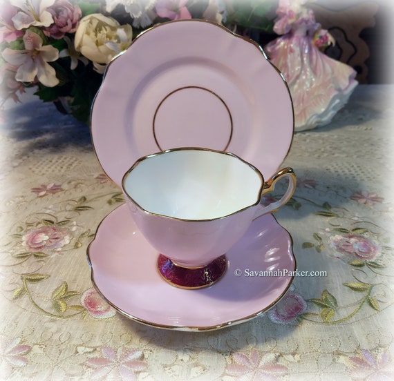 Pretty Valentine Colors Pink Vintage Salisbury English Bone China Tea Trio, Cup, Saucer, Small Dessert Plate, Gold Lustre Detailing