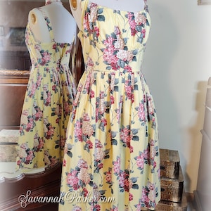 Vintage Inspired Marilyn 1950s Style Butter Yellow Pink Floral Garden Party Tea Dance Dress - Cotton Stretch Sateen - Full Skirt - Pockets