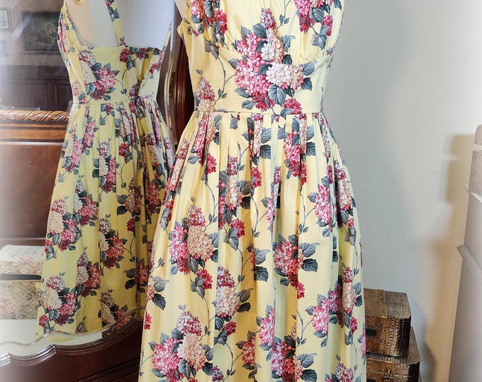 Vintage Inspired Marilyn 1950s Style Butter Yellow Pink Floral Garden Party Tea Dance Dress - Cotton Stretch Sateen - Full Skirt - Pockets