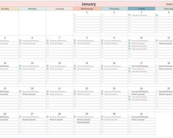 Op de afbeelding: Een januari-kalender met een roze kop en een rasterindeling. Elke dag heeft ruimte voor notities en selectievakjes. De kalender bevat dagelijkse taken zoals lezen, sporten en journalen.