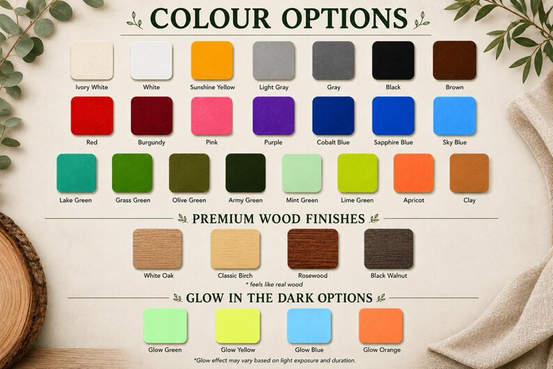 May include: A colour chart displaying various options including Ivory White, White, Sunshine Yellow, Light Gray, Gray, Black, Brown, Red, Burgundy, Pink, Purple, Cobalt Blue, Sapphire Blue, Sky Blue, Lake Green, Grass Green, Olive Green, Army Green, Mint Green, Lime Green, Apricot, Clay, White Oak, Classic Birch, Rosewood, Black Walnut, Glow Green, Glow Yellow, Glow Blue, and Glow Orange.