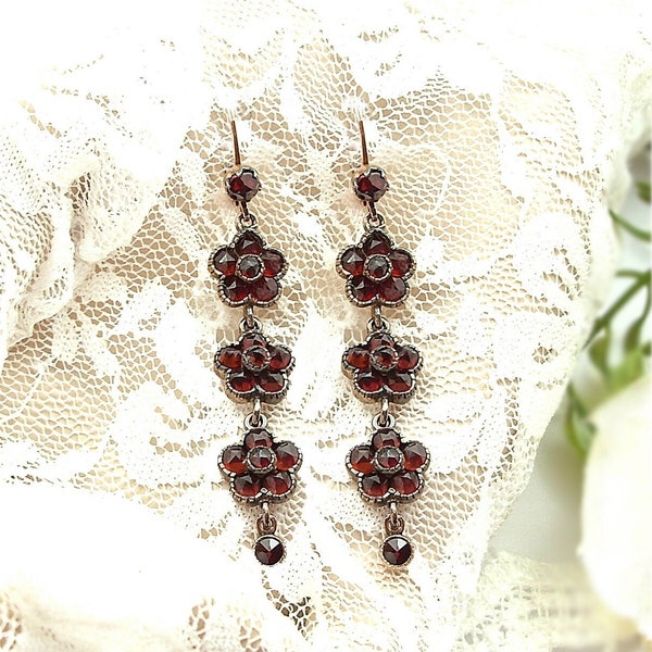 Vintage long cascading garnet earrings in Victorian style 240317e