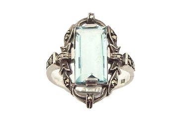 Extraordinary Vintage marcasite Art Deco paste aquamarine ring size 7 3/4 220610e