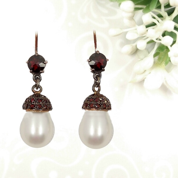 Pavée set Vintage garnet earrings with freshwater pearldrops NM220831