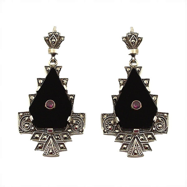 Breathtaking Vintage marcasite Art Deco onyx & ruby earrings 230405j