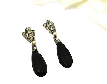 Vintage marcasite Art Deco onyx drop earrings 230405g