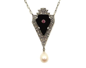 Vintage marcasite Art Deco onyx & ruby and pearl necklace 230204c