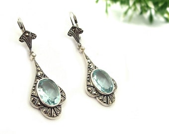 Vintage marcasite Art Deco paste aquamarine earrings 220704g