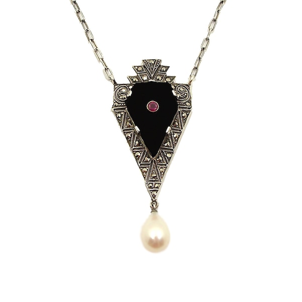 Vintage marcasite Art Deco onyx & ruby and pearl necklace 230204c