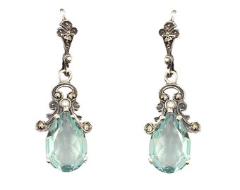 Vintage marcasite Art Deco paste aquamarine earrings L220704i