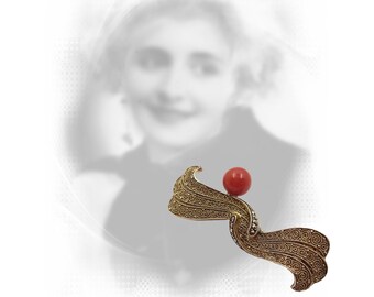 Fahrner marcasite brooch with coral ball F20221213b